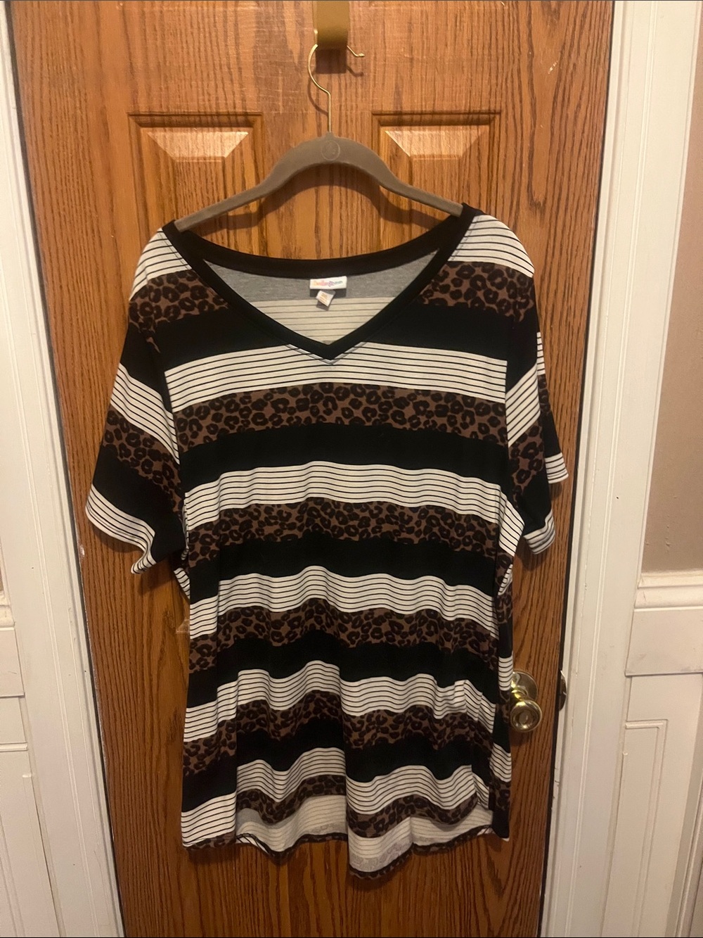 LuLaRoe Black, White & Brown Striped V-Neck Tee with Leopard Panels
